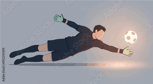 Vibrant cartoon vector illustration of professional soccer goalkeeper in black uniform diving dramatically to save glowing football ball in action