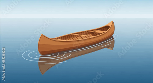 Vibrant cartoon vector illustration of brown wooden canoe floating on blue water creating small ripples with reflection