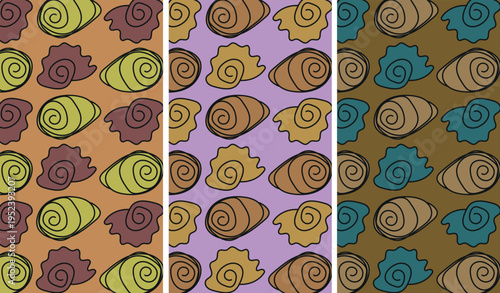 Set of seamless hand-drawn seashell patterns. Abstract marine designs in three colorful variations