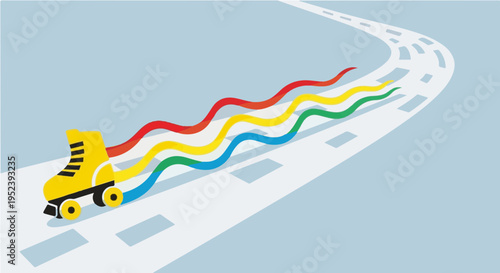 Fun yellow cartoon roller skate with long rainbow trail on blue road path vector illustration