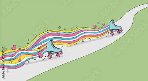 Colorful cartoon roller skates leaving vibrant rainbow trail on green path with hearts vector illustration