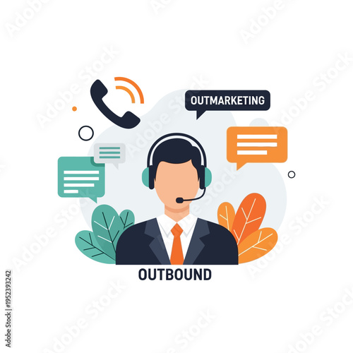 Outbound marketing agent with headset and communication icons.
