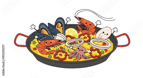 Detailed cartoon paella pan filled with mussels shrimp octopus squid rice seafood vector illustration