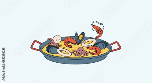 Simple cartoon paella dish with shrimp and seafood in blue pan vector illustration