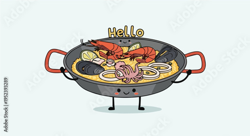 Anthropomorphic paella pan with hello text smiling face arms legs cartoon vector illustration