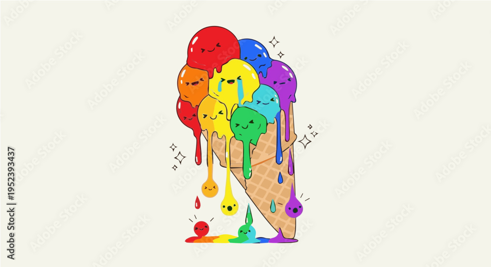 Fototapeta premium Happy rainbow ice cream cone with face colorful balloons and melting drips cartoon vector illustration
