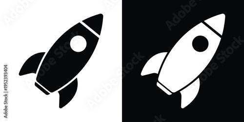 Angled rocket ship icon showing motion and takeoff. High-contrast black and white graphic for technology startups, speed, and progress. Professional vector asset for modern web and print media.