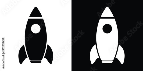 Sleek vertical rocket ship vector icon in black and white. Symbolizes startup growth, product launch, space exploration, and innovation. Clean flat design for apps, logos, and business concepts.