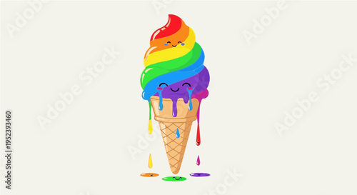 Colorful rainbow ice cream cone with dripping layers and happy face cartoon vector illustration on white