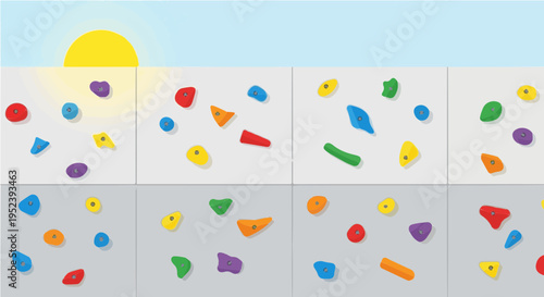 Colorful indoor climbing wall with bright holds and grips cartoon vector illustration