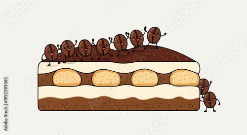 Cute coffee bean characters climbing layered tiramisu cake slice cartoon vector illustration