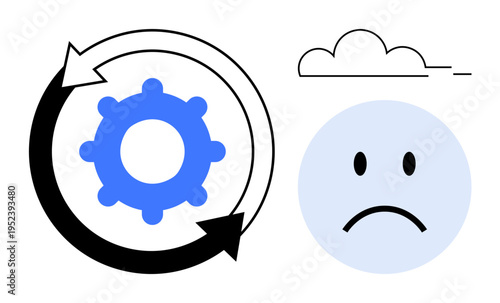 Workflow difficulties. A cogwheel in a circular motion and a sad face highlight workflow difficulties in cloud-based or collaborative processes. Workflow critical in productivity, troubleshooting