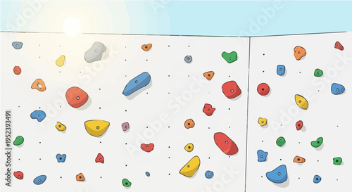 Outdoor climbing wall under sunny sky with colorful holds cartoon vector illustration