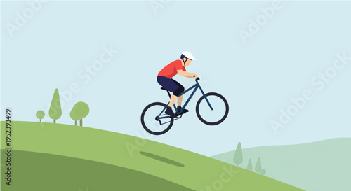 Man riding bicycle on scenic hilly path cartoon vector illustration