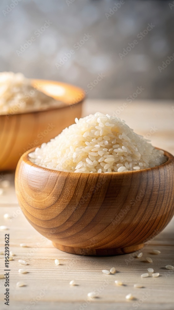 Fototapeta premium A photo of clean raw rice in a wooden bowl against a white background, showcasing the natural texture and aroma of Japanese cuisine