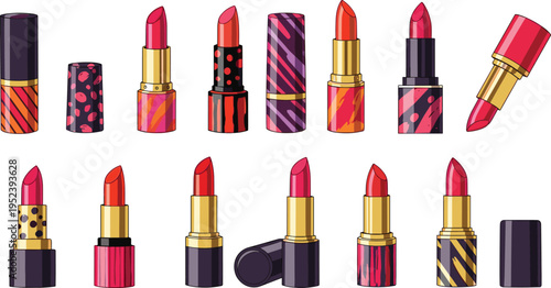 Lipstick Collection Set with Different Shades, Cosmetic Makeup Products, and Beauty Accessories for Fashion Illustration, Glamour Design,
