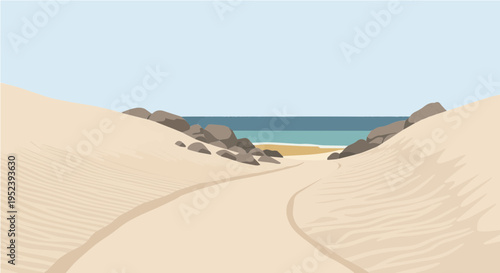 Flat vector cartoon illustration of sandy dunes path leading to blue sea and rocks