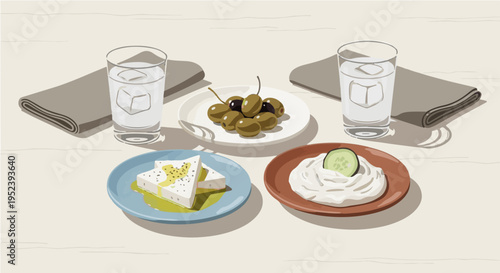 Flat vector cartoon illustration of greek meze table with olives cheese bread and water glasses