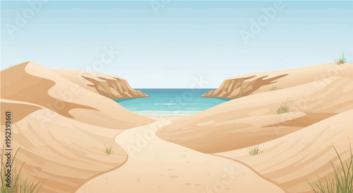 Flat vector cartoon illustration of sandy dunes path opening to turquoise sea cove
