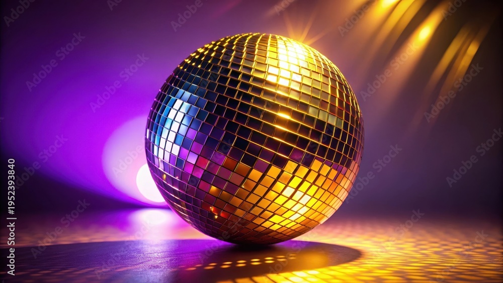 Obraz premium A photo of vibrant purple and gold disco lighting casting a disco ball onto the floor, creating a mesmerizing geometric pattern