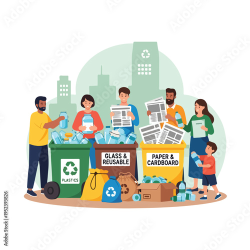 People recycling paper and plastic waste.