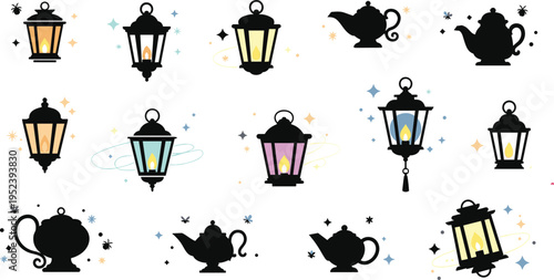 Magic Lamp and Lantern Set with Glowing Lights, Genie Lamp Silhouettes, and Decorative Elements for Fantasy Illustration, Arabian Theme Design