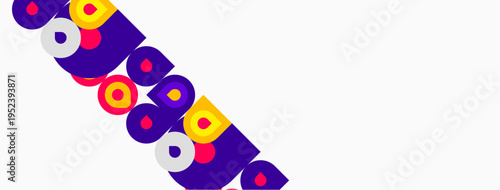 Colorful circles, squares, rectangles form diagonal pattern. Minimalist design, bright hues contrast white background. Modern aesthetic.