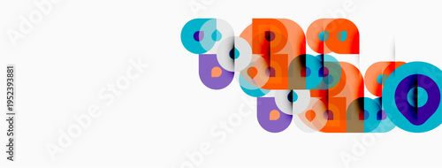 Abstract colorful shapes overlap, creating dynamic composition. Circles, squares, rectangles blend into modern design. Bright hues dominate white background.