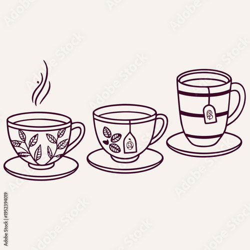 Tea cups with tea bags illustration - line art set with one cup shows steam