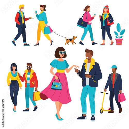 Diverse People Walking and Shopping, Modern Urban Lifestyle, Flat Design