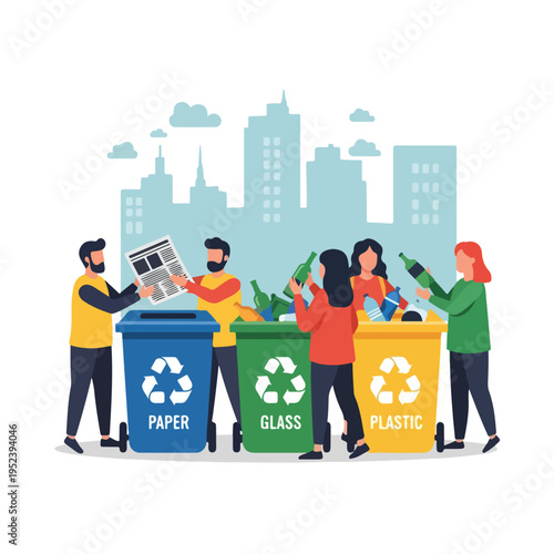 People recycling paper glass plastic.