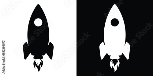 Sleek vertical rocket ship vector icon in black and white. Symbolizes startup growth, product launch, space exploration, and innovation. Clean flat design for apps, logos, and business concepts.