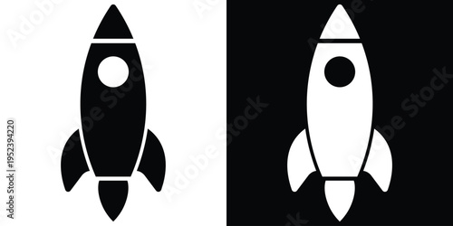 Sleek vertical rocket ship vector icon in black and white. Symbolizes startup growth, product launch, space exploration, and innovation. Clean flat design for apps, logos, and business concepts.