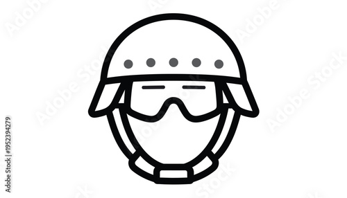 A minimalist line art illustration depicting an anonymous person wearing a protective helmet and goggles, suitable for various professional or adventurous themes and digital designs
