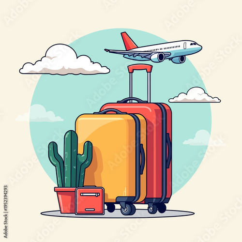 Yellow travel suitcase illustration with a tropical palm tree and airplane for summer vacation concepts holiday trip luggage and worldwide tourism graphic design.