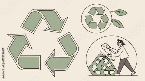 Green recycling symbols and eco lifestyle illustration with arrows, sustainable concept and person sorting waste in modern flat design