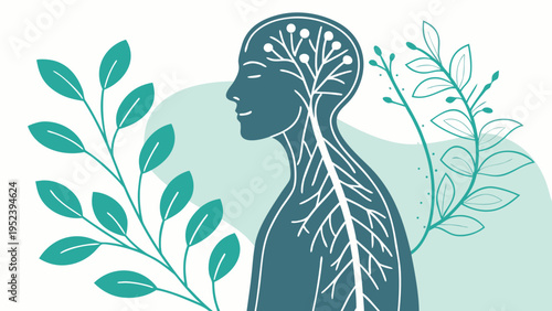 Human profile with brain and nervous system illustration surrounded by leaves, mental health concept and harmony between mind and nature in modern flat style