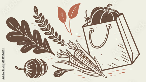 Autumn harvest illustration with shopping bag, vegetables and leaves in warm tones, seasonal organic food concept in minimal line style