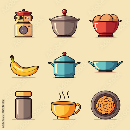 Kitchen utensils and cooking equipment icon set for recipe blogs restaurant menus food preparation concepts and creative culinary graphic design elements.
