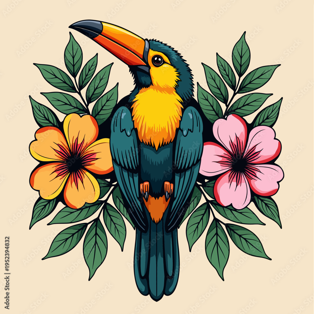 Fototapeta premium Colorful tropical toucan bird illustration sitting among exotic flowers and green leaves for jungle nature concepts and vibrant summer aesthetic graphic design.