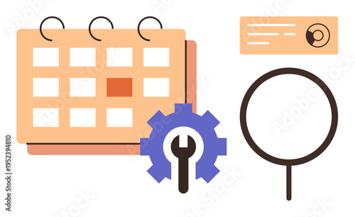 Task management, productivity, organization, work efficiency, project planning, scheduling. Calendar with a gear, magnifying glass and ID card icons. Task management and productivity concept