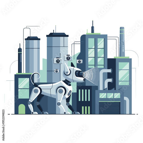 Robotic dog with advanced sensors in industrial setting.