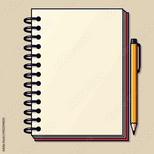 Open spiral blank notebook with a yellow pen illustration for office supplies education concepts school stationery and professional writing graphic design elements.