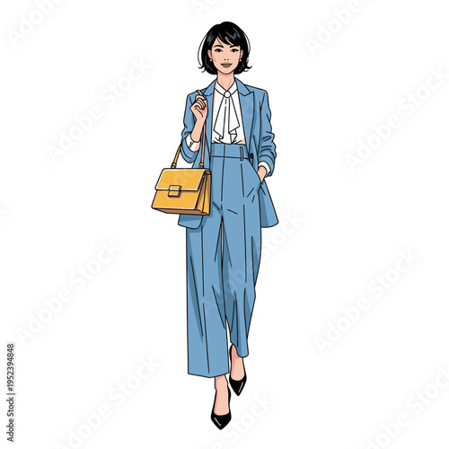 Fashionable Woman in Blue Suit with Yellow Handbag, Professional Style, Business Attire