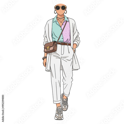 Fashionable Woman in White Outfit, Pastel Shirt, and Designer Bag