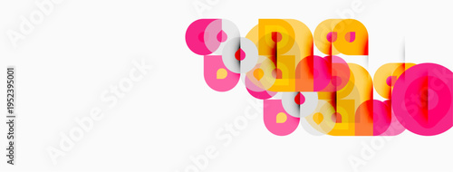 Abstract design features overlapping colorful circles, creating dynamic visual composition. Pink, orange hues dominate white background.