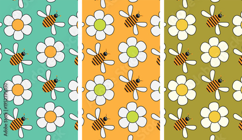 Seamless abstract floral pattern with daisy flowers and bee shapes in retro color palette of yellow green orange and white, modern minimal vector style
