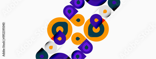 Abstract shapes overlap, creating dynamic composition. Orange, purple, white colors dominate design. Modern, playful aesthetic.