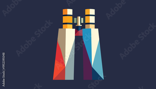 Geometric illustration of binoculars, abstract art representing exploration and vision, vibrant colors and modern design