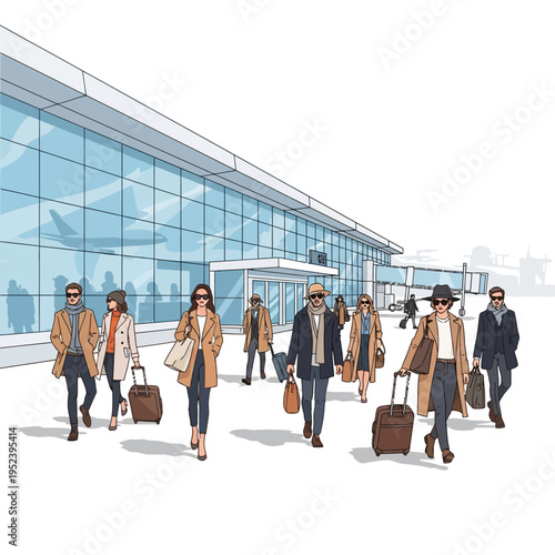 Stylish Travelers Arriving at Modern Airport Terminal with Luggage